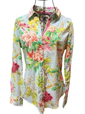 CINO Button-Front 100% Cotton Bird Floral Shirt Pink & Green